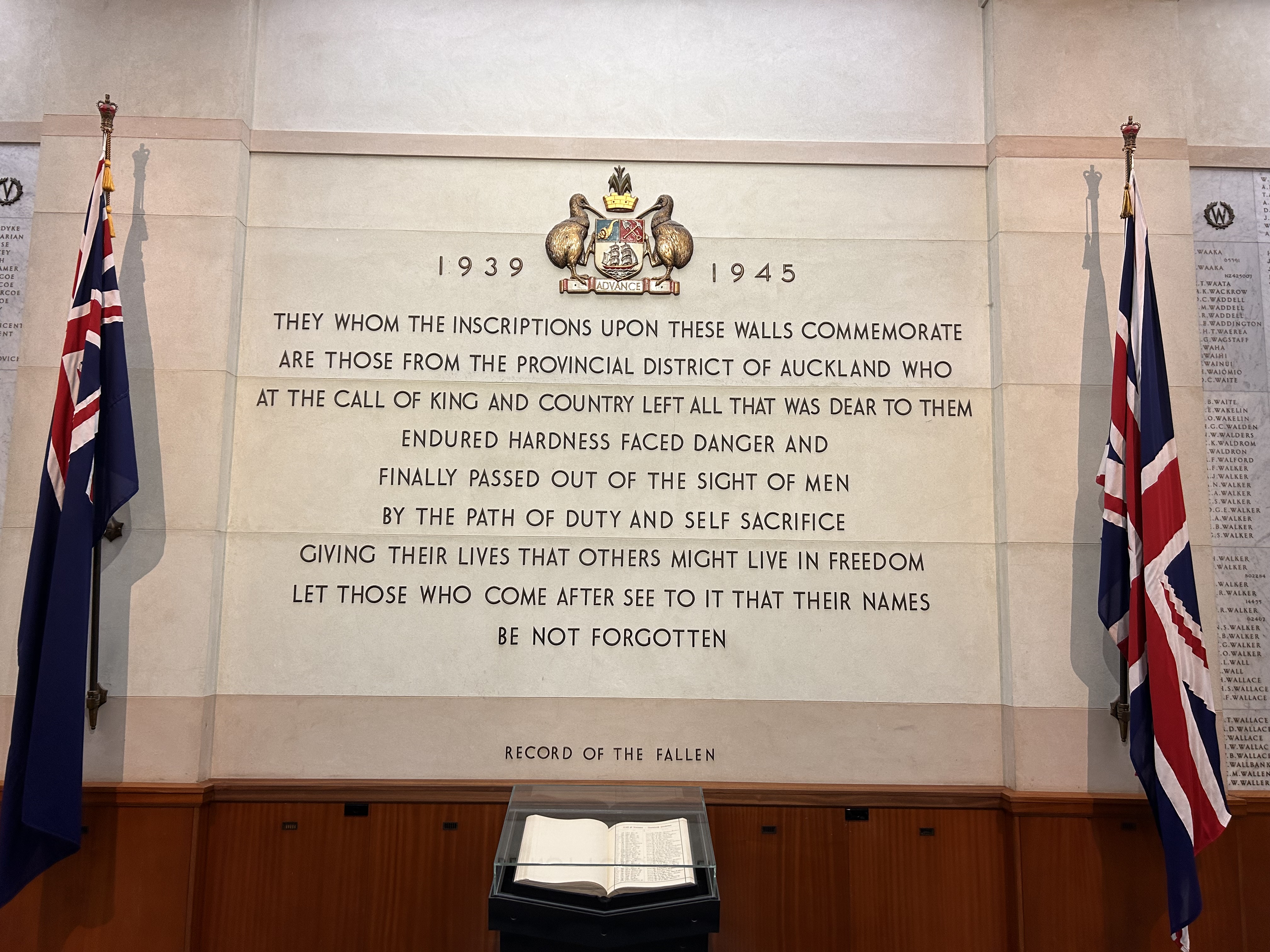 Memorial wall and record of the fallen inside Auckland War Memorial Museum