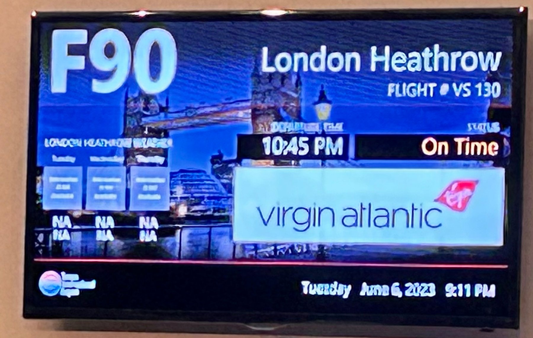 Airport departure board for Virgin Atlantic flight VS130 from Tampa to London Heathrow